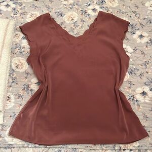 Mauve express scalloped sleeve, scalloped neckline shirt sleeve blouse